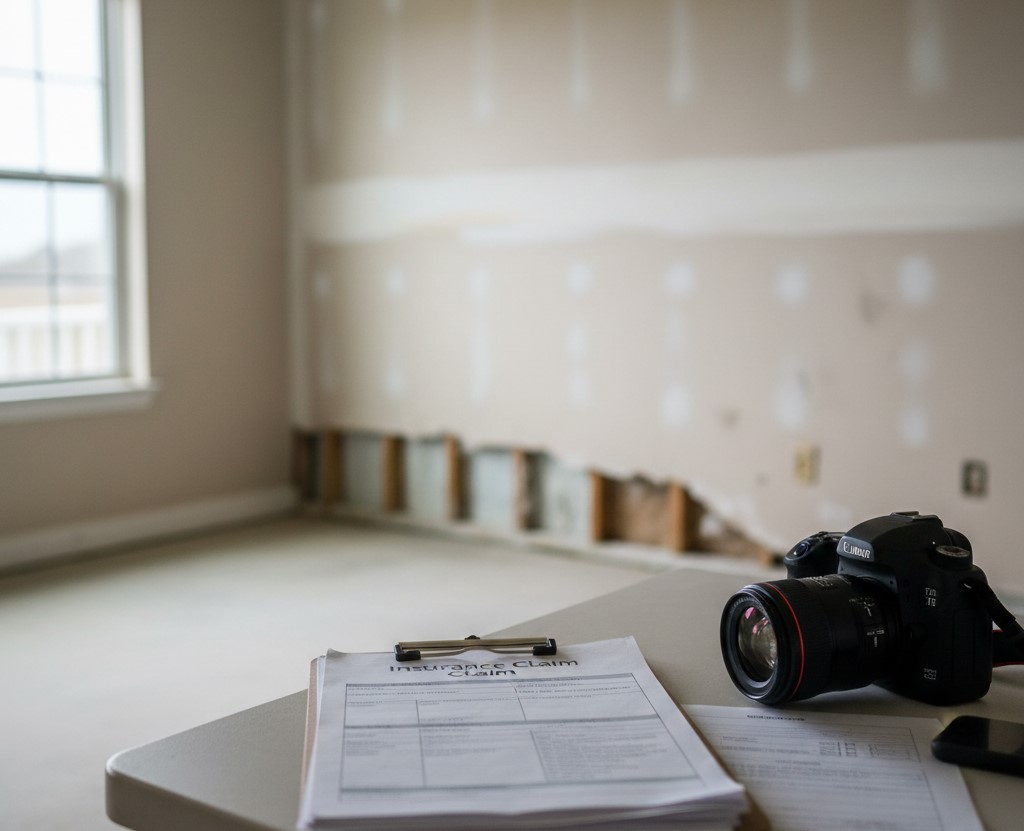 Interior of a coastal home after flooding showing